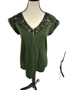 Express Womens Top Small Green Lace Trim Zip Front Blouse Short Sleeve Stretch